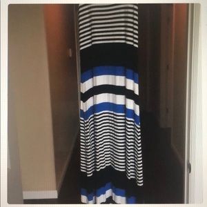 Blue, black, and white striped maxi dress